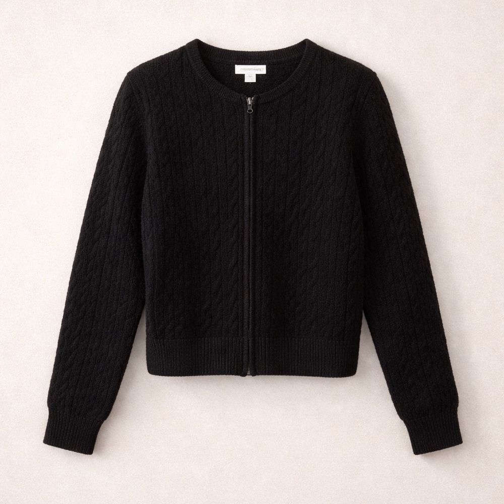 Crystal-Kobe chocolate brown, full zipper cable cardigan, 100% wool